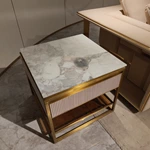 Square Marble-Top Sofa Side Table with Ribbed Drawer, Smoked Glass Shelf and Gold-Tone Stainless Steel Frame